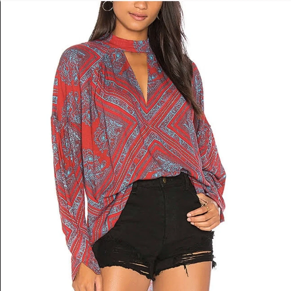 NWT‎ FREE PEOPLE WALKING ON A DREAM CHOKER V-KEYHOLE TOP Retro Boho Festival